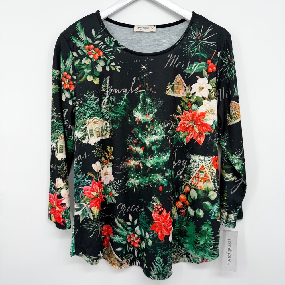 Jess & Jane Jingle Joy Top Shirt Medium 3/4 Sleeve Stretch Christmas USA NWT